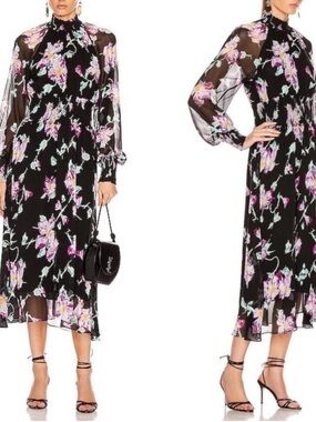 A.L.C. Casey Women’s Black Floral Silk Chiffon High Neck Lined Midi Dress 2